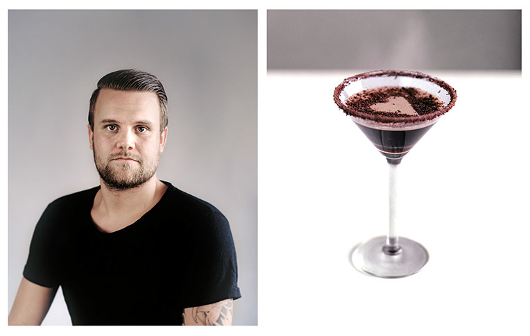 Tidningsuppslag om drinkar, består av två fotografier. En på bartendern och en kaffedrink