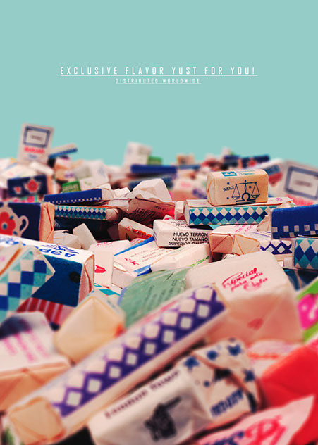 Affisch reklam för The Cold War Store nya "sockerprodukter". Bilden är uppbyggd med många olika sockerpacket.