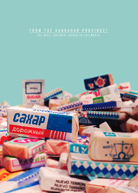 Affisch reklam för The Cold War Store nya "sockerprodukter". Bilden är uppbyggd med många olika sockerpacket.