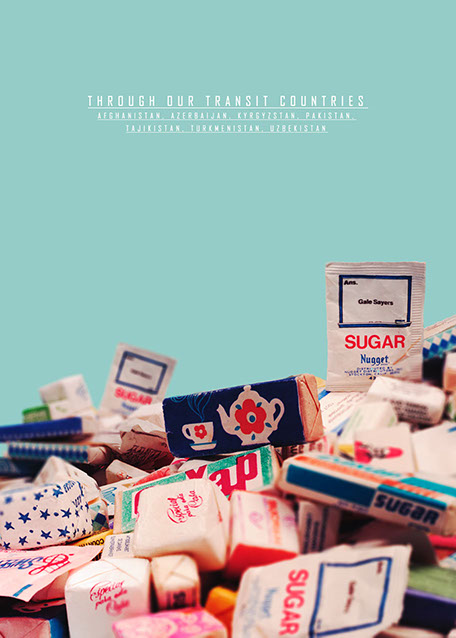 Affisch reklam för The Cold War Store nya "sockerprodukter". Bilden är uppbyggd med många olika sockerpacket.