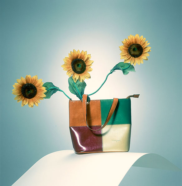 Produktfotografi av gräsliga blommor som sticker upp ur en gammal handväska