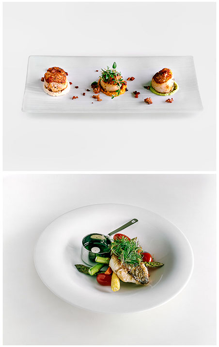 Matfotografering av pilgrimsmussla och havsöring