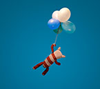Reklambyråns maskot, en stickad nallebjörn flyger men hjälp av balonger