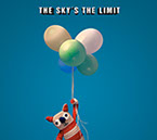 Reklambyråns maskot, en stickad nallebjörn flyger men hjälp av balonger